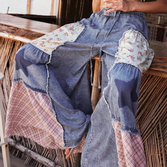 Multicolor Boho Women's Style Country Patchwork Plaid Loose Wide-Leg Casual Jean - Picture 4 of 7